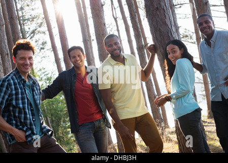 Lakeside. Un amici radunati all'ombra di alberi di pino in estate. Foto Stock