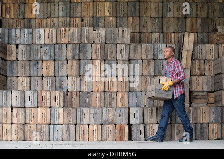 Un cortile. Una pila di tradizionali di cassette di legno per il confezionamento di frutta e verdura. Un uomo che porta una cassa vuota. Foto Stock