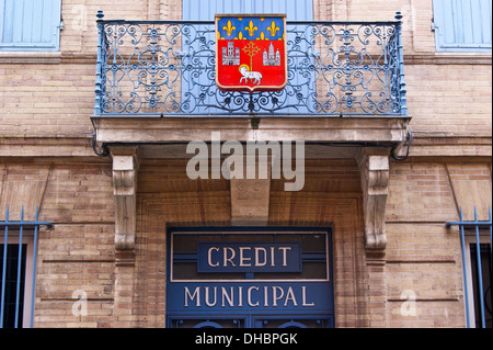 Art nouveau e porta lo stemma degli enti comunali, Credit Union, Rue Des Lois, Toulouse, Haute-Garonne, Midi- Pyréneés, Occitanie, Francia Foto Stock