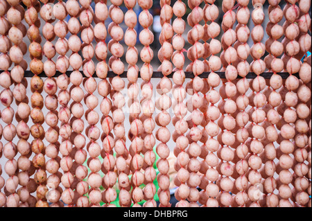 Fatto in casa il salame di maiale salsiccia al mercato locale appeso in linea sotto la luce del sole per fare buona gustosa. Foto Stock
