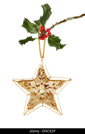 Oro, glitter e jeweled stella di Natale appeso a un ramo di agrifoglio isolata contro bianco Foto Stock