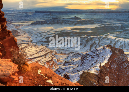 Snowy alba sul fiume Colorado canyon visto da un si affacciano al Dead Horse Point State Park Foto Stock