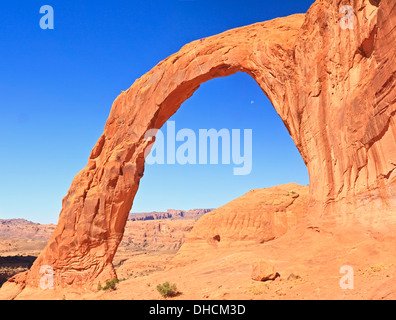 Arco di corona e la luna in un cielo blu chiaro nei pressi di Moab, Utah Foto Stock
