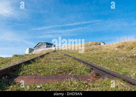 Guardando le Schafbergspitze Hotel sulla sommità del monte Schafberg, St Wolfgang, Austria Foto Stock