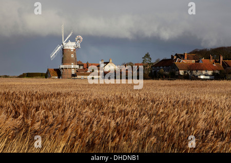 Una luminosa giornata invernale guardando attraverso i canneti verso Cley Mulino a Cley accanto al mare, Norfolk, Inghilterra, Regno Unito, Europa Foto Stock