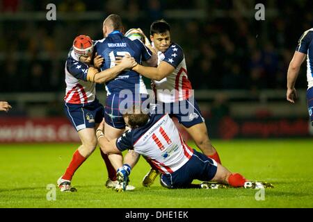 Salford, Regno Unito. 07 Nov, 2013. Dale Ferguson (Scozia Huddersfield Giants) durante la Coppa del Mondo di Rugby group C/D gioco tra Scozia e Stati Uniti d'America dall'AJ Bell Stadium. Credito: Azione Sport Plus/Alamy Live News Foto Stock