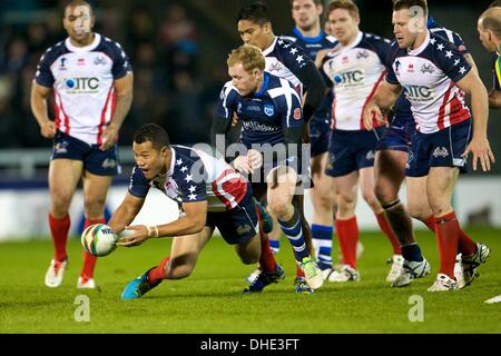 Salford, Regno Unito. 07 Nov, 2013. Giuseppe Paulo (USA Parramatta anguille) durante la Coppa del Mondo di Rugby group C/D gioco tra Scozia e Stati Uniti d'America dall'AJ Bell Stadium. Credito: Azione Sport Plus/Alamy Live News Foto Stock