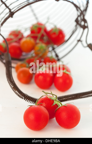 I grappoli di ciliegia truss pomodori su un tavolo bianco superficie. Foto Stock