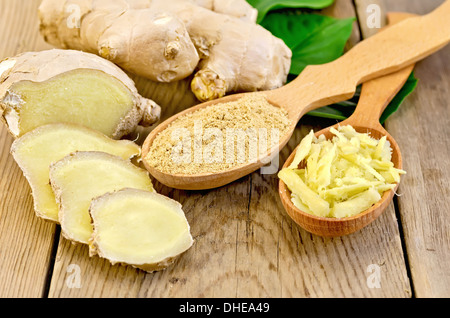 Grattugiato e lo zenzero in polvere in due cucchiai di legno, radice di zenzero, foglie verdi sul pannello di legno Foto Stock