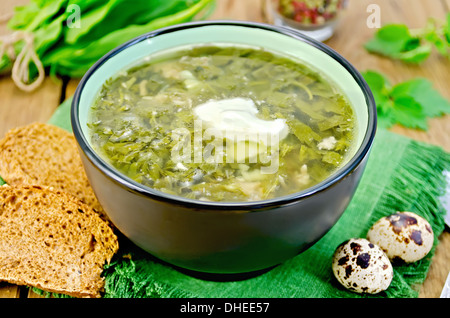 Zuppa verde di acetosella, ortica e spinaci in una ciotola, uova di quaglia, pane, pepe contro un pannello di legno Foto Stock