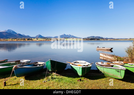 Barche a remi sul Lago Hopfensee, vicino a Fussen, Allgau, Baviera, Germania, Europa Foto Stock