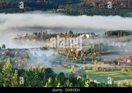 Nebbia mattutina attraverso il lago Schluchsee in Autunno, Foresta Nera, Baden Wurttemberg, Germania, Europa Foto Stock
