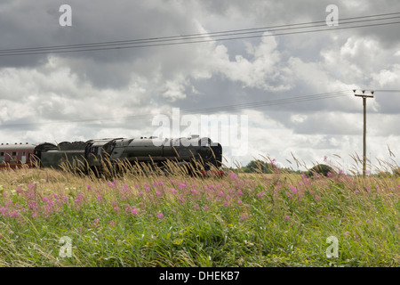 Motore a vapore 70013 Oliver Cromwell tira la rievocazione dell15 Guinea marcatura speciale il quarantacinquesimo anniversario della fine della British Railways vapore. Foto Stock