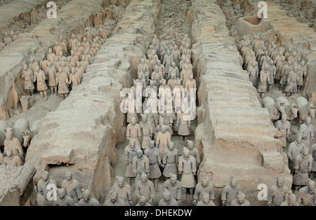 Esercito di Terracotta, custodito il primo imperatore della Cina Qin Shi Huangdi's Tomb, Xian, Lintong, Shaanxi, Cina, Asia Foto Stock