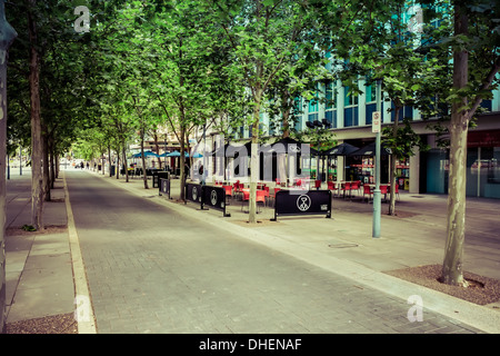 Un viale di alberi e la caffetteria all'aperto nell'angolo nordoccidentale di Victoria Square nel centro di Adelaide, Australia Foto Stock