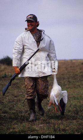 Un cacciatore con le oche delle nevi (Chen caerulescens) mentre la caccia di oca al Port Lavaca Texas Foto Stock