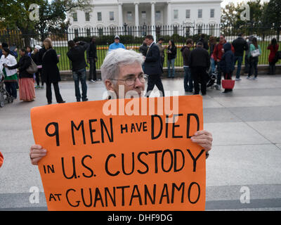 Washington, DC, 08 Nov, 2013. Dimostranti presso la Casa Bianca indossavano tute arancioni e coperto le loro teste in panno nero a simboleggiare la tortura dei detenuti con nessuna prova a base di Guantanamo. Alcuni prigionieri sono morti in prigione prima di ricevere qualsiasi prova. Credito: Ann poco/Alamy Live News Foto Stock