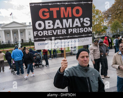 Washington, DC, 08 Nov, 2013. Dimostranti presso la Casa Bianca indossavano tute arancioni e coperto le loro teste in panno nero a simboleggiare la tortura dei detenuti con nessuna prova a base di Guantanamo. Alcuni prigionieri sono morti in prigione prima di ricevere qualsiasi prova. Credito: Ann poco/Alamy Live News Foto Stock