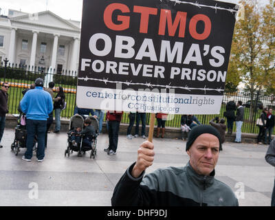 Washington, DC, 08 Nov, 2013. Dimostranti presso la Casa Bianca indossavano tute arancioni e coperto le loro teste in panno nero a simboleggiare la tortura dei detenuti con nessuna prova a base di Guantanamo. Alcuni prigionieri sono morti in prigione prima di ricevere qualsiasi prova. Credito: Ann poco/Alamy Live News Foto Stock