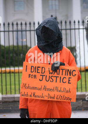 Washington, DC, 08 Nov, 2013. Dimostranti presso la Casa Bianca indossavano tute arancioni e coperto le loro teste in panno nero a simboleggiare la tortura dei detenuti con nessuna prova a base di Guantanamo. Alcuni prigionieri sono morti in prigione prima di ricevere qualsiasi prova. Credito: Ann poco/Alamy Live News Foto Stock