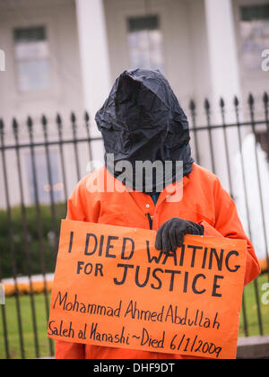 Washington, DC, 08 Nov, 2013. Dimostranti presso la Casa Bianca indossavano tute arancioni e coperto le loro teste in panno nero a simboleggiare la tortura dei detenuti con nessuna prova a base di Guantanamo. Alcuni prigionieri sono morti in prigione prima di ricevere qualsiasi prova. Credito: Ann poco/Alamy Live News Foto Stock