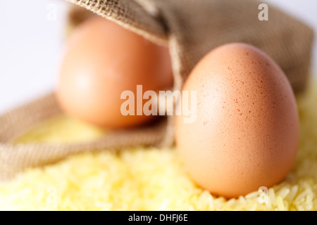 Egggs pollo sul riso giallo, nel sacco in background Foto Stock