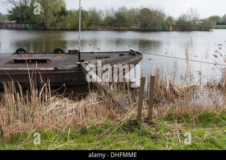 Ferro vecchio freighter ormeggiata in un fiume con vegetazione di canna Foto Stock