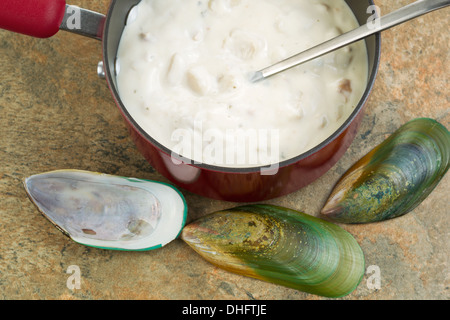 Closeup foto orizzontale di clam chowder in padella con il clam shell sul lato tutti sulla parte superiore di una pietra naturale bancone Foto Stock