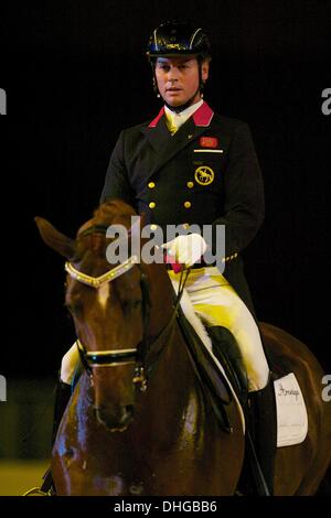 Melbourne, Australia. 9 Nov, 2013. UK Gold medaglia CARL HESTER di Gran Bretagna si concentra durante la sua valutazione delle prestazioni durante la valutazione delle prestazioni. Equitana Sydney è una quattro giorni di sport equestre di commercio equo con cavalli, Olympic medallists, rinomato in tutto il mondo gli educatori, Aussie cowboys, un equino Elite del programma del concorso e centinaia di espositori. © Tom Griffiths/ZUMA filo/ZUMAPRESS.com/Alamy Live News Foto Stock