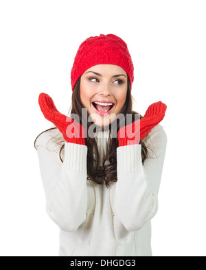 Natale donna in abiti caldi urlando qualcosa, isolato su bianco Foto Stock