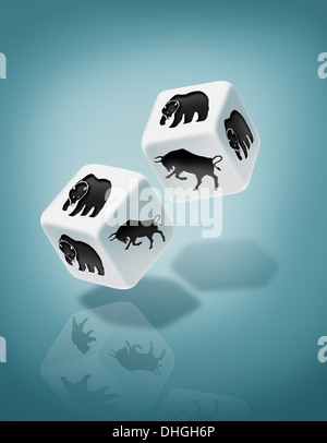 Immagine illustrativa di dadi con bull e recare la stampa che rappresentano il rischio nel mercato azionario Foto Stock
