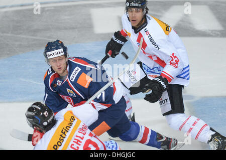 Monaco di Baviera, Germania. Decimo Nov, 2013. La Slovacchia è Radoslav Tybor (L) e lo svizzero Samuel Guerra si contendono il puck durante l'hockey su ghiaccio Germania cup match Slovacchia vs. svizzera presso l'Olympia Eishalle a Monaco di Baviera, Germania, 10 novembre 2013. Foto: ANDREAS GEBERT/dpa/Alamy Live News Foto Stock