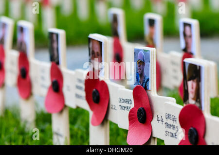 Belfast, Irlanda del Nord. 10 nov 2013 - croci di legno sono stabiliti nel Giardino della Rimembranza a Belfast per commemorare i soldati uccisi nella linea del dazio Foto Stock
