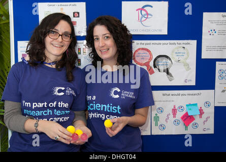 Medici a Dundee, Scozia, Regno Unito. 9 novembre 2013. Dr. Rebecca Scott e Dr Jane Loughbery di Cancer Research UK beneficenza all'evento Dundee Science Festival con sede presso Ninewells University Hospital Human Genetics laboratori di ricerca. Una celebrazione in tutta la città della scienza medica, della biologia, che offre divertimento, intrattenimento, ispirazione e curiosità per tutte le età. I visitatori che partecipano ad attività pratiche e imparano argomenti come la navigazione nello spazio e l'aspetto dei cromosomi. Foto Stock