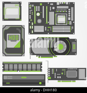 Semplice ed elegante di icone per i componenti del computer in verde e grigio. Foto Stock