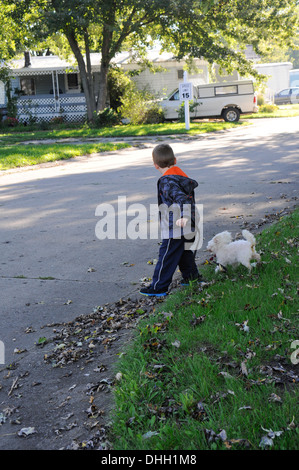 Little Boy cercando prima di attraversare la strada con il cane Foto Stock