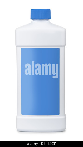 Bottiglia di plastica bianca con blue etichetta vuota isolata su bianco Foto Stock