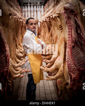 Ritratto di macelleria italiana circondato da appendere carcasse di suino Foto Stock