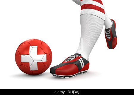 L uomo e il pallone da calcio con la bandiera svizzera (percorso di clipping incluso) Foto Stock