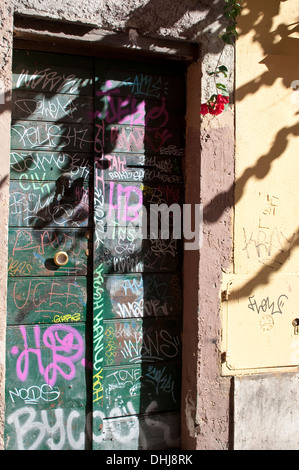 Porta con graffiti e fiore in Trastevere, Roma, Italia Foto Stock