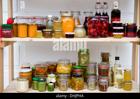 Dispensa alimentare con ripiani di prodotti fatti in casa, fatti in casa Foto Stock