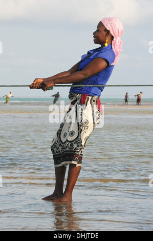 Gli abitanti di un villaggio tirando in reti da pesca. Isola di Benguerra, l'Arcipelago di Bazaruto. Mozambico. Africa orientale. Foto Stock