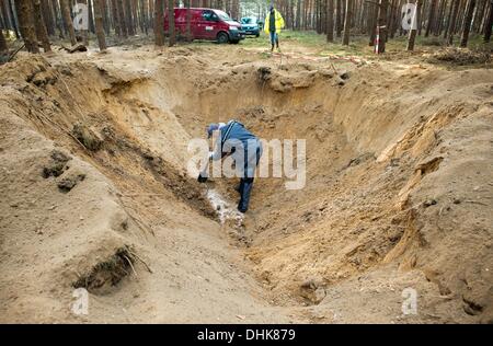 Fuerstenwalde, Germania. Xii Nov, 2013. Matthias Metke della bomba team di smaltimento della polizia sorge in un cratere in un bosco vicino a Fuerstenwalde, Germania, 12 novembre 2013. Un 100 kilo russo bomba aerea dalla Seconda Guerra Mondiale è stata soffiata fino vicino all'Autostrada 12 in Fuerstenwalde. Foto: PATRICK PLEUL/dpa/Alamy Live News Foto Stock