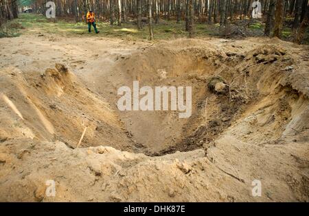 Fuerstenwalde, Germania. Xii Nov, 2013. Un cratere, due metri di profondità e di sei metri di larghezza, fotografato in un bosco vicino a Fuerstenwalde, Germania, 12 novembre 2013. Un 100 kilo russo bomba aerea dalla Seconda Guerra Mondiale è stata soffiata fino vicino all'Autostrada 12 in Fuerstenwalde. Foto: PATRICK PLEUL/dpa/Alamy Live News Foto Stock