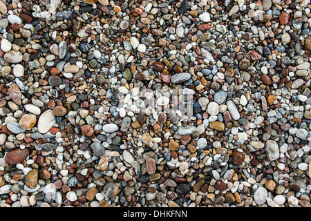 Una vista ravvicinata di diversa forma arrotondata lucida liscia pietre ghiaia sulla spiaggia Foto Stock