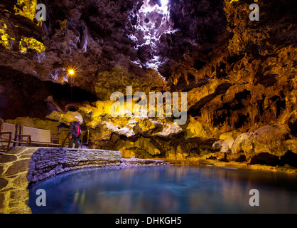 Banff hot springs fonte all'interno della grotta e bacino Sito Storico Nazionale di Montagna di Zolfo il Parco Nazionale di Banff Alberta Canada Foto Stock