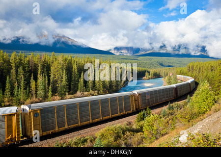 Canadian Pacific Railway treno merci su Morant curva del Rockies Parco Nazionale di Banff Canadian Rockies Alberta Canada Foto Stock