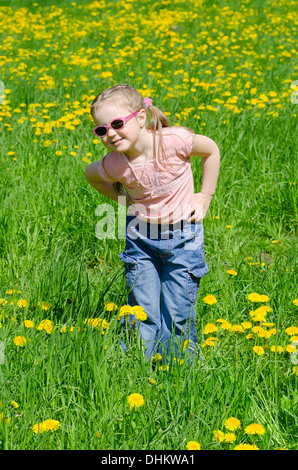 La piccola bella ragazza raccoglie il tarassaco Foto Stock