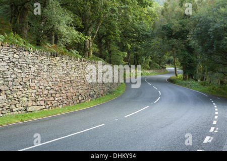 Una pietra a secco le linee della parete all'interno di una curva sulla A498 in Gwynedd, Galles Foto Stock