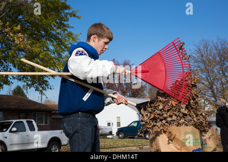 Alta scuola studenti volontari foglie di rake per anziani Foto Stock